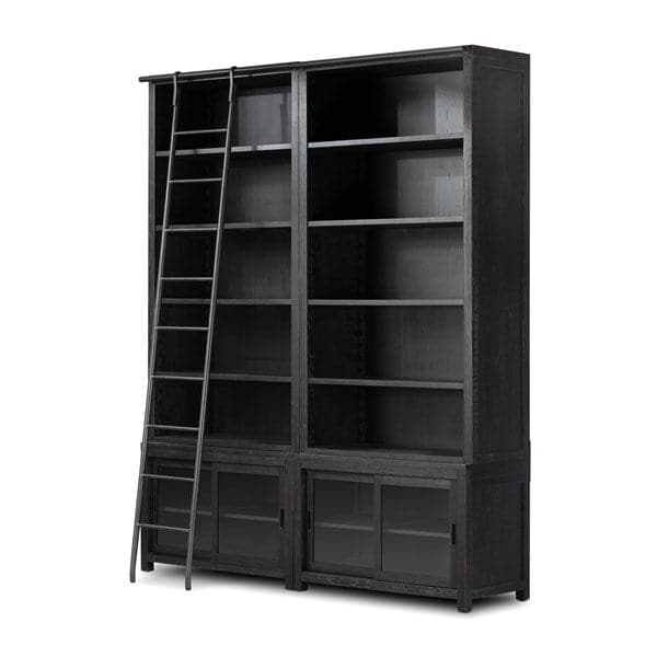 Admont Double Bookcase W/ Ladder - Worn Blk-Four Hands-FH-240932-001-Bookcases & Cabinets-1-France and Son