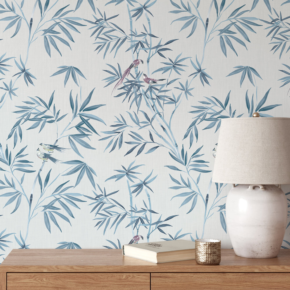 Bamboo Chinoiserie Peel And Stick Wallpaper-Tempaper & Co.-Tempaper-BC15212-DecorMystic Blue-2-France and Son