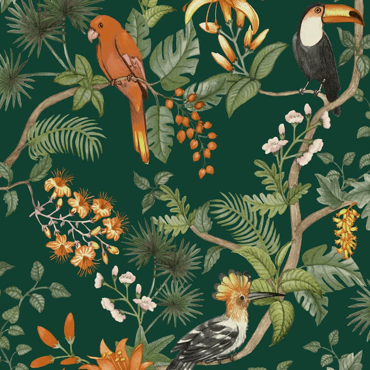 Birds of Paradise Peel And Stick Wallpaper-Tempaper & Co.-Tempaper-BP689-Wall PaperRainforest Green-7-France and Son