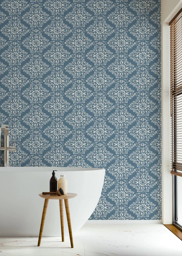 Timbre Damask Wallpaper-Mitchell Black-MITCHB-WC414-BL-PM-10-Wall DecorPatterns Stone Blue-Premium Matte Paper-4-France and Son