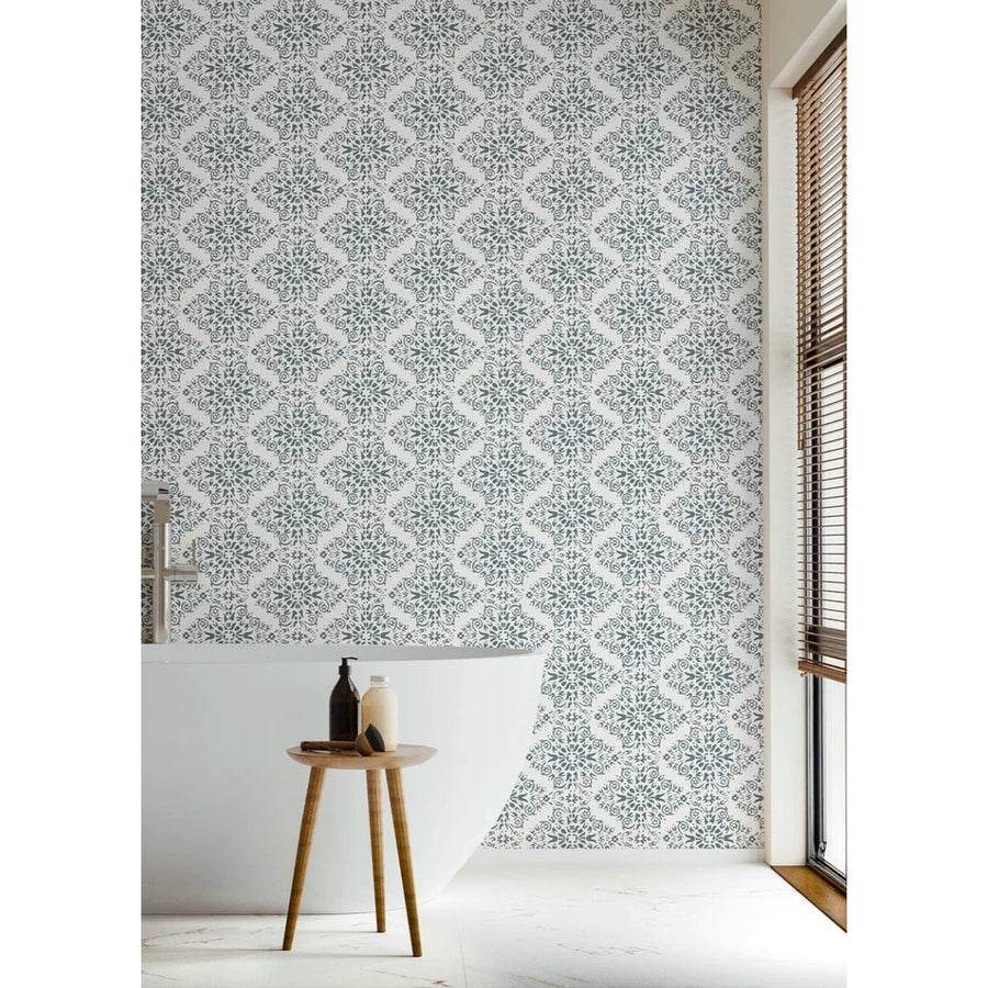 Timbre Damask Wallpaper-Mitchell Black-MITCHB-WC414-BL-PM-10-Wall DecorPatterns Stone Blue-Premium Matte Paper-2-France and Son