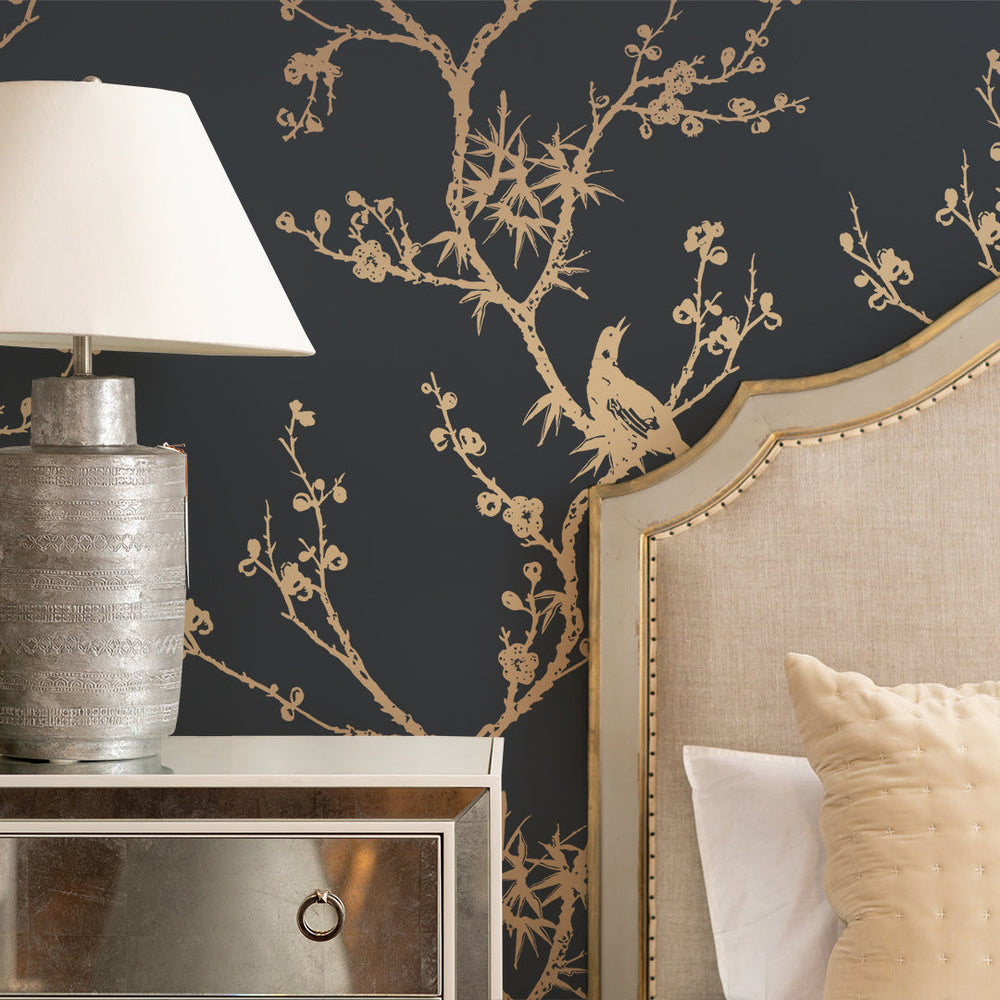 Bird Watching Peel And Stick Wallpaper-Tempaper & Co.-Tempaper-CR448-Wall PaperBlack & Gold-2-France and Son