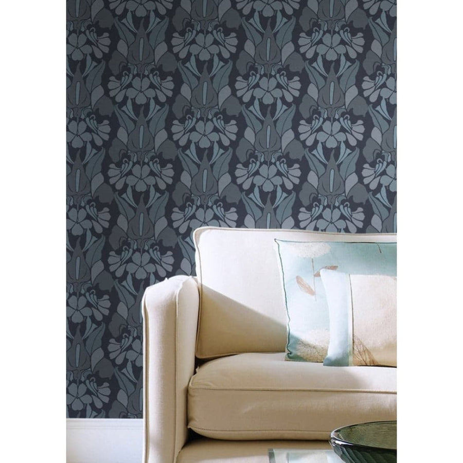 Dragon Flower Wallpaper-Mitchell Black-MITCHB-WC361-1-PM-10-Wall DecorPatterns Gray/Blue-Premium Matte Paper-2-France and Son