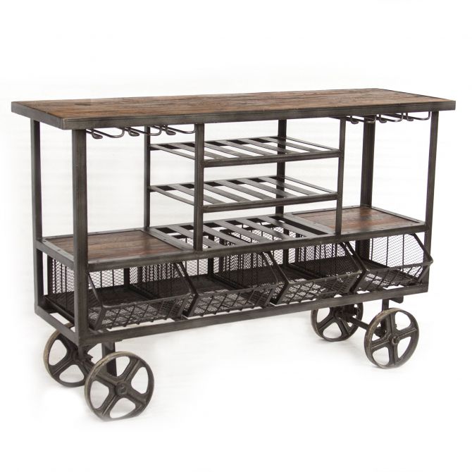 Industrial Teak 60-Inch Reclaimed Teak Bar Cart with Wheels-Home Trends & Designs-HOMETD-FIT-BCT60-Bar Stools-1-France and Son
