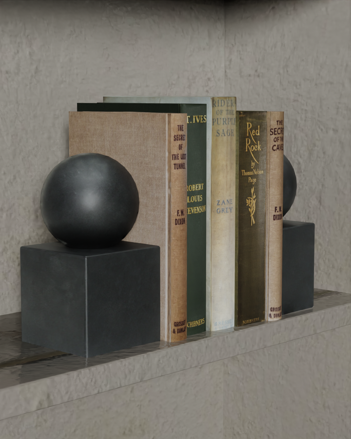 Orion Collection Smooth Finish Sphere on Block Bookends-FABLER-MC-BE54-BG-BookendsBlack & Gold Marble-3-France and Son