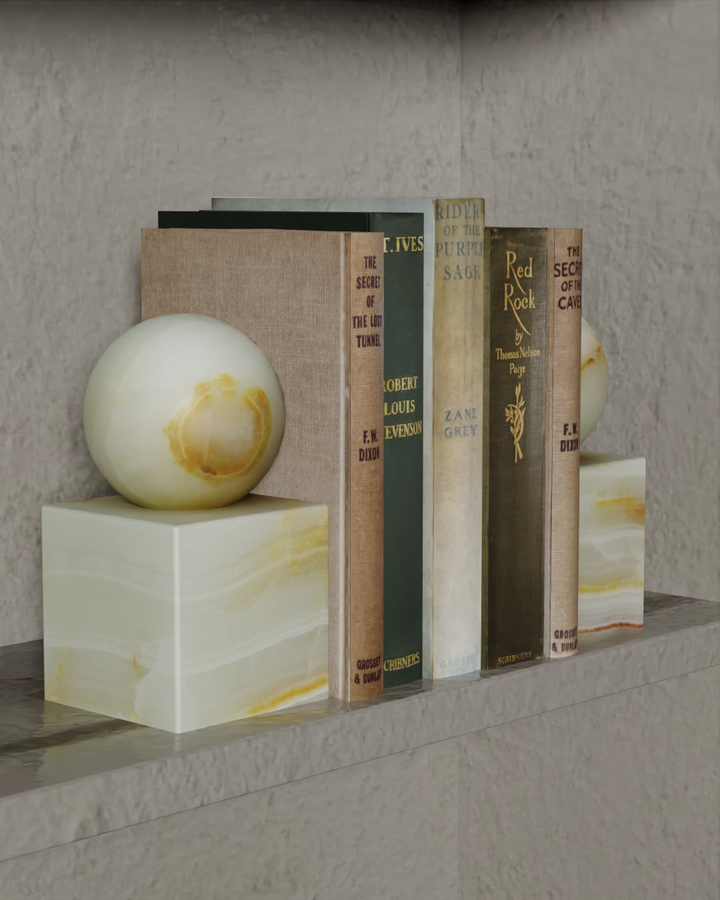 Orion Collection Smooth Finish Sphere on Block Bookends-FABLER-MC-BE54-BG-BookendsBlack & Gold Marble-4-France and Son