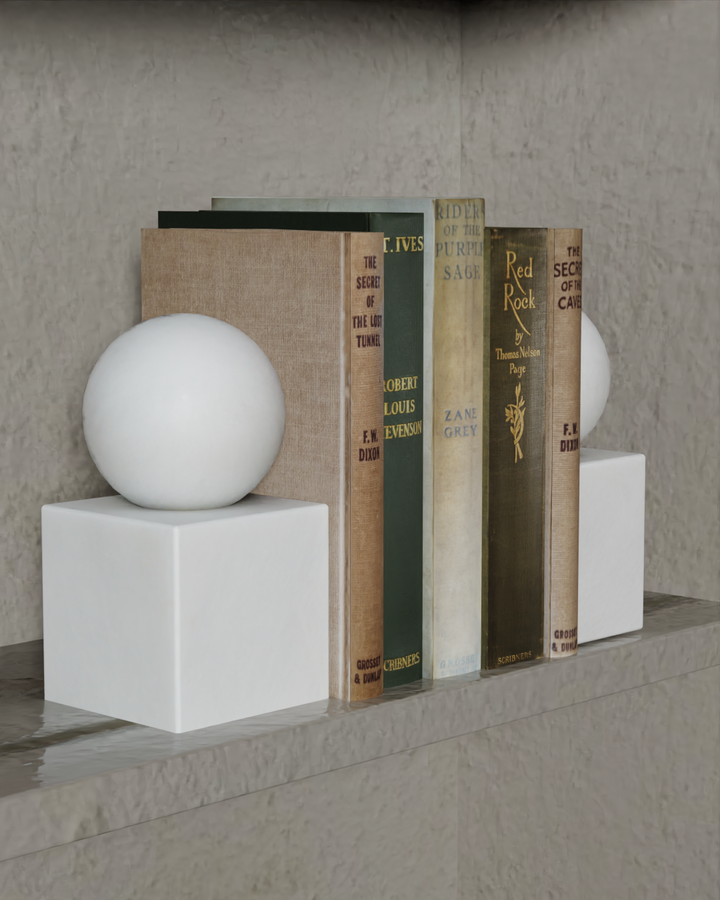 Orion Collection Smooth Finish Sphere on Block Bookends-FABLER-MC-BE54-BG-BookendsBlack & Gold Marble-5-France and Son