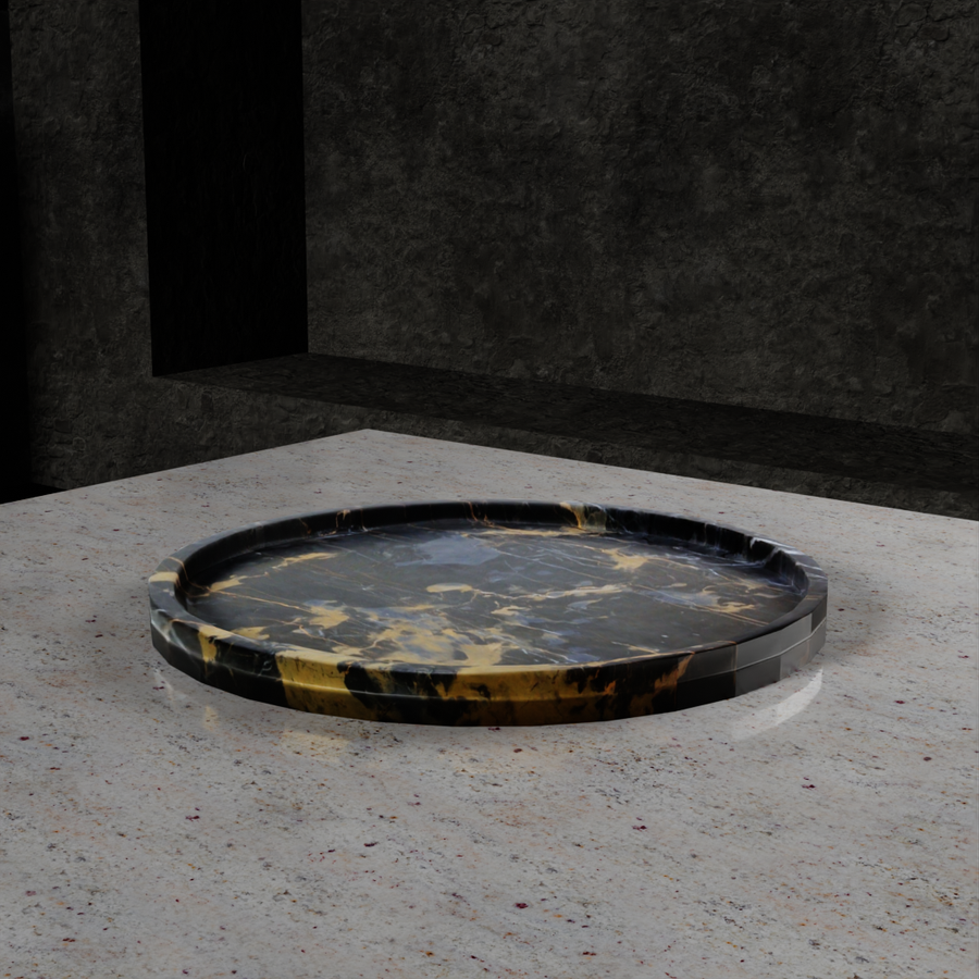 Hera Collection Ebony & Gold Stone Circular Polished Tray 14"-FABLER-MC-PC07-BG-TraysBlack & Gold-1-France and Son