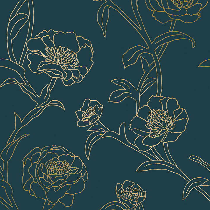 Peonies Peel And Stick Wallpaper-Tempaper & Co.-Tempaper-PE10633-Wall PaperPeacock Blue and Metallic Gold Floral-19-France and Son