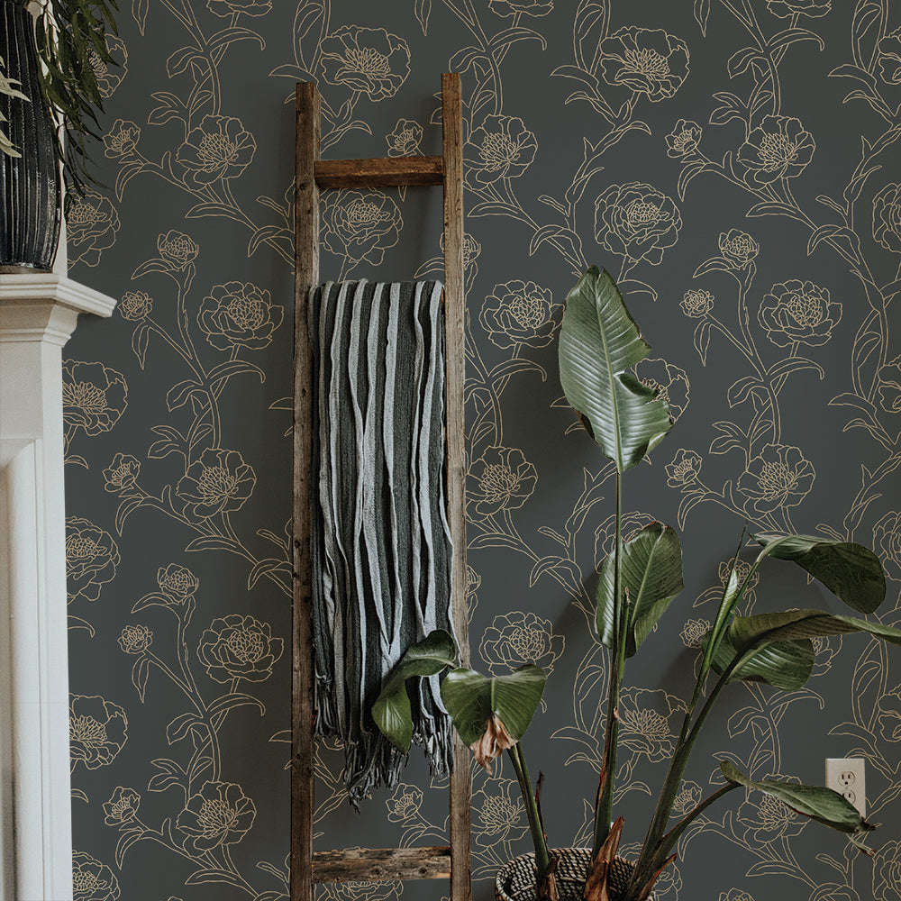 Peonies Peel And Stick Wallpaper-Tempaper & Co.-Tempaper-PE5250-Wall PaperBlack & White-14-France and Son