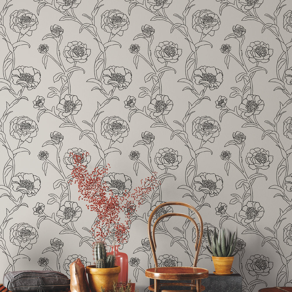 Peonies Peel And Stick Wallpaper-Tempaper & Co.-Tempaper-PE5250-Wall PaperBlack & White-3-France and Son