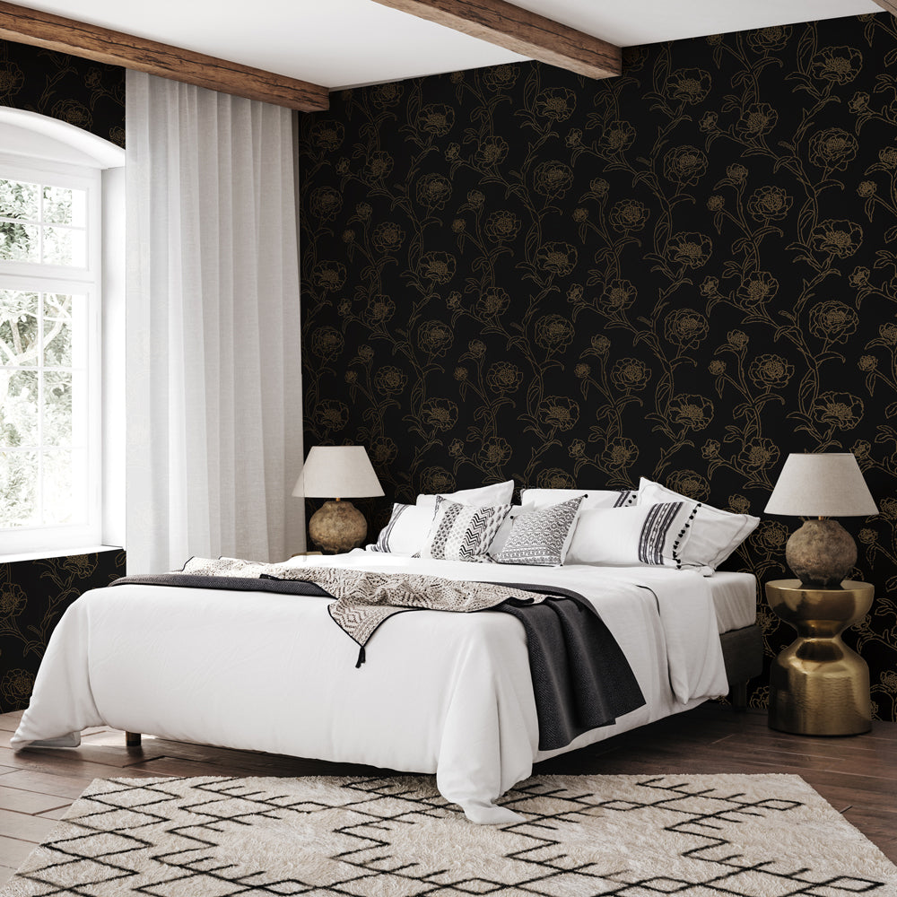 Peonies Peel And Stick Wallpaper-Tempaper & Co.-Tempaper-PE5250-Wall PaperBlack & White-9-France and Son