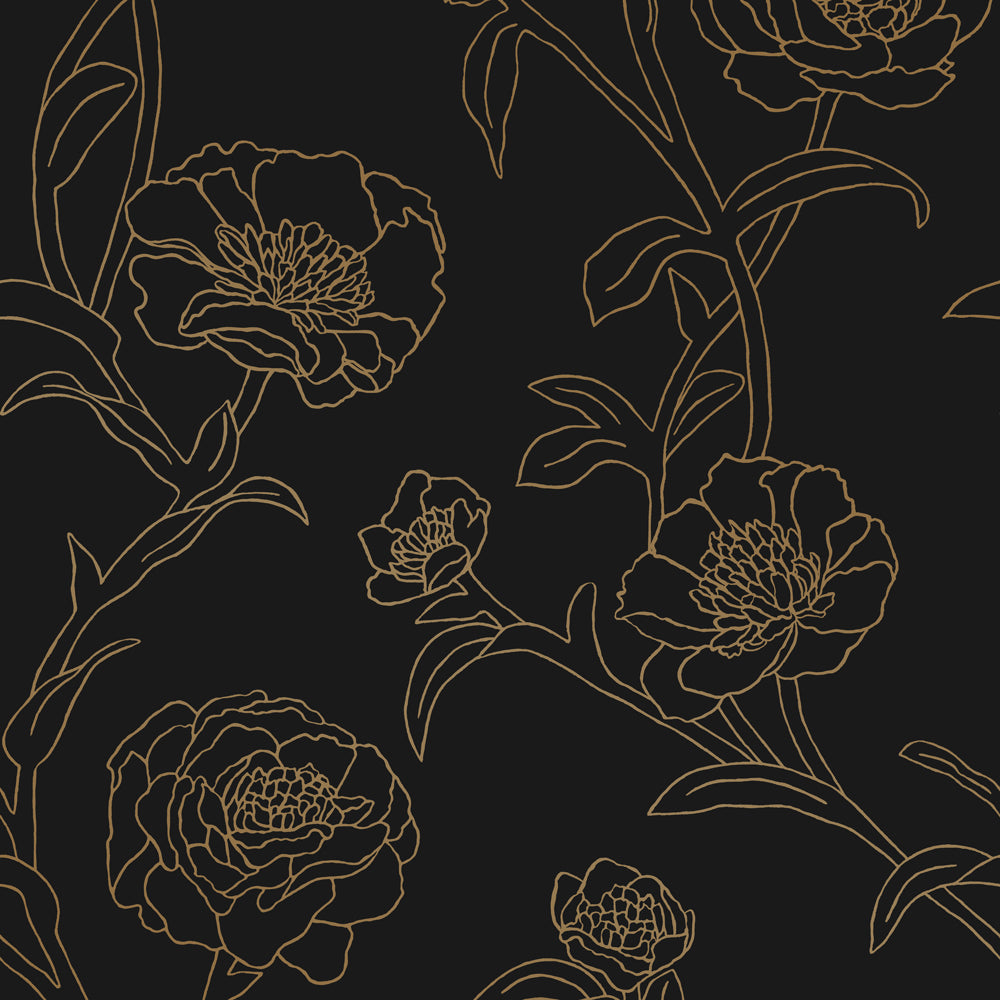 Peonies Peel And Stick Wallpaper-Tempaper & Co.-Tempaper-PE5251-Wall PaperBlack & Gold-4-France and Son
