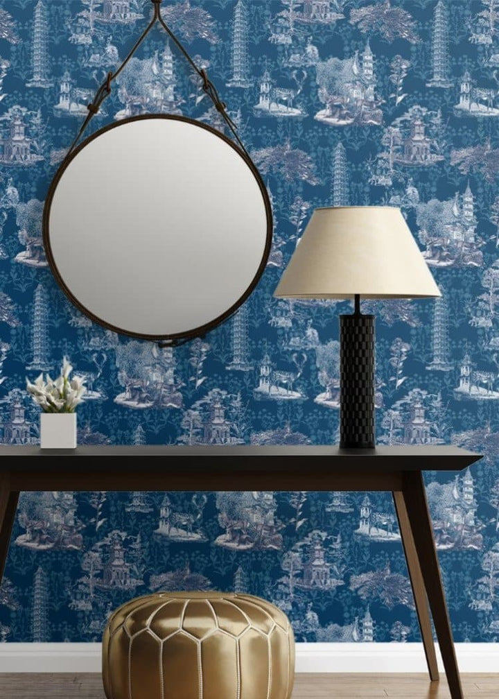 Pagoda Toile Wallpaper-Mitchell Black-MITCHB-WC350-1-PM-10-Wall DecorPatterns Moon-Premium Matte Paper-4-France and Son