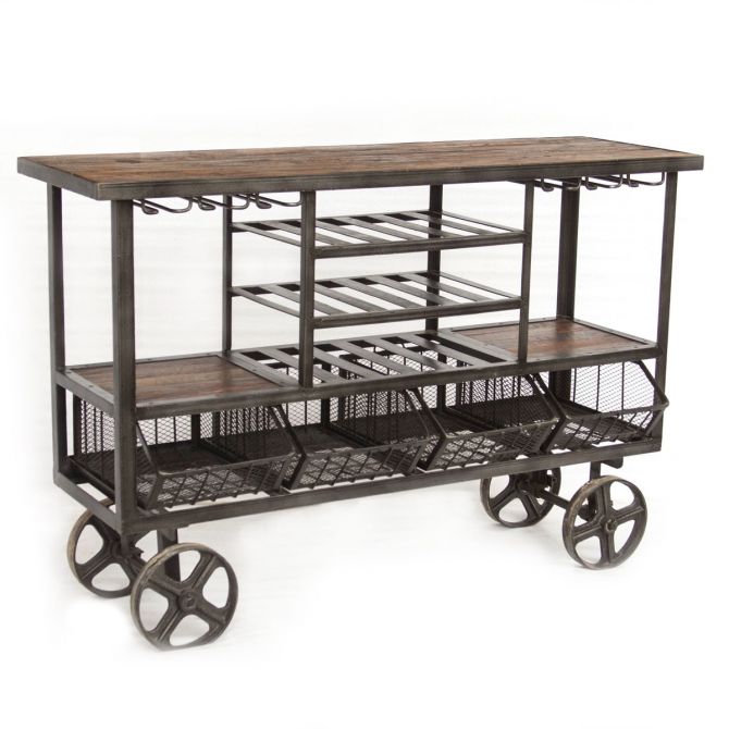 Industrial Teak 60-Inch Reclaimed Teak Bar Cart with Wheels-Home Trends & Designs-HOMETD-FIT-BCT60-Bar Stools-2-France and Son