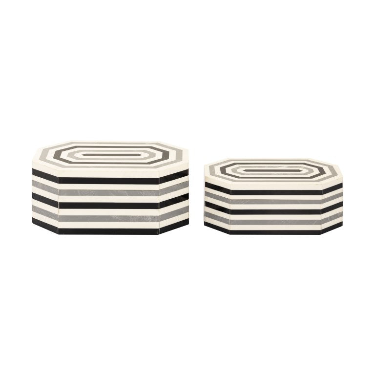 Octagonal Striped Box - Set of 2 White-Elk Home-ELK-H0807-9768/S2-Decor-1-France and Son