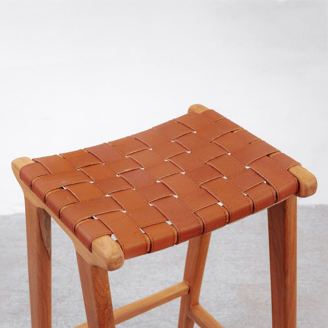Cahyo Woven Leather Backless Counter Stool-France & Son-FL1137DBRN-Bar StoolsBrown-3-France and Son