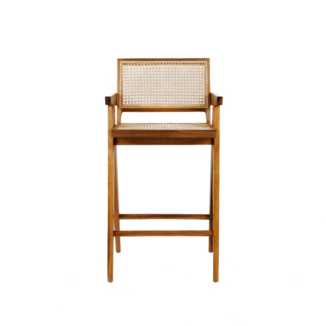 Jeanneret Barstool With Arms Hand Caned Seat and Back-France & Son-FL1325NTRL-Bar StoolsBar Stool-3-France and Son