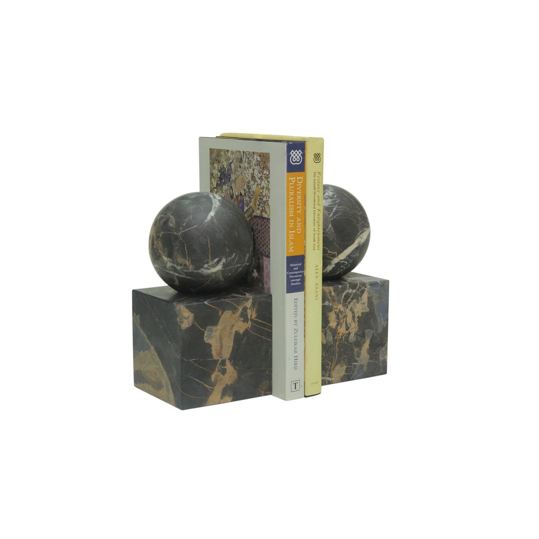 Apollo Collection Honed Finish Ball on Cube Bookends-Marble Crafter-MC-BE54-BG-BookendsBlack & Gold Marble-1-France and Son
