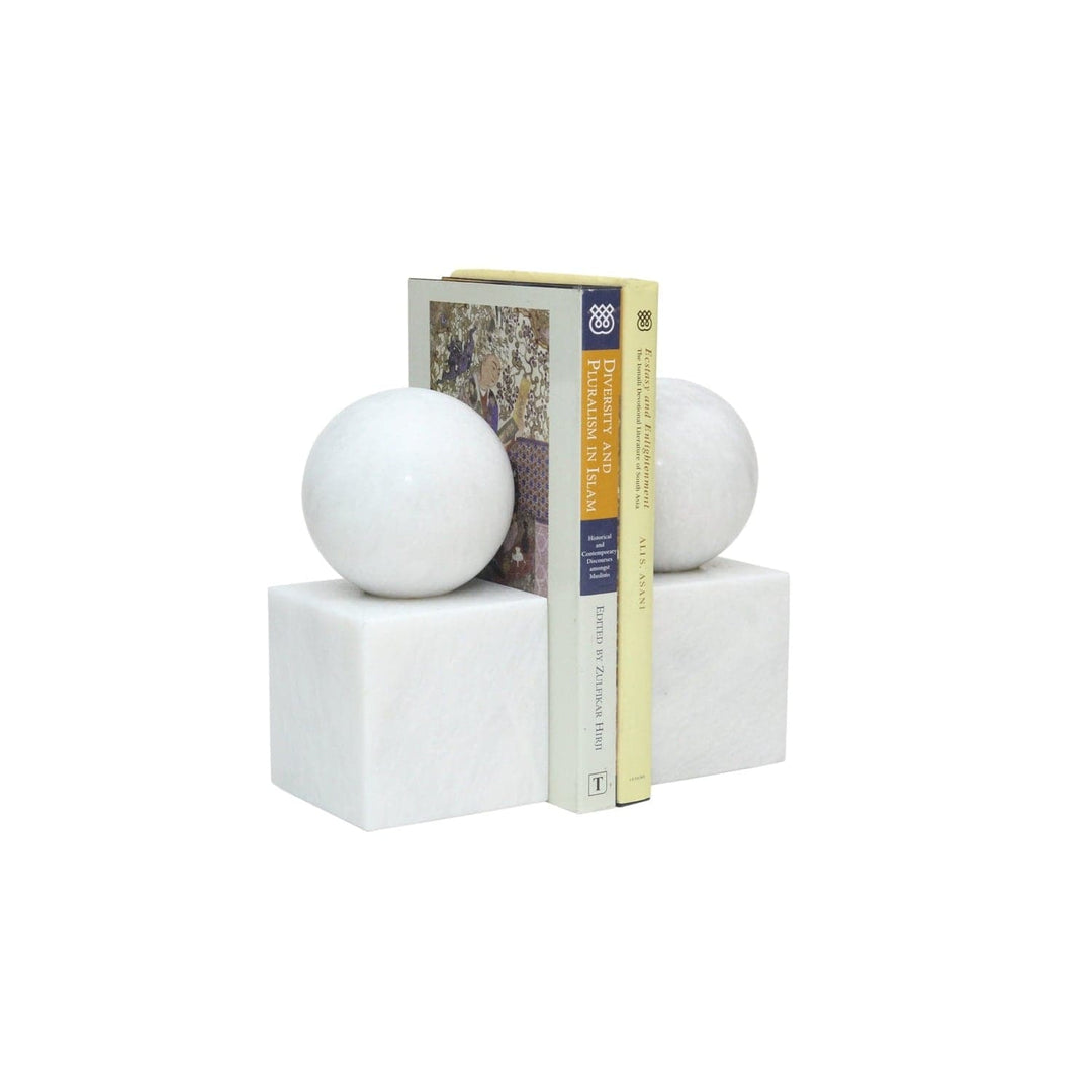 Apollo Collection Honed Finish Ball on Cube Bookends-Marble Crafter-MC-BE54-PW-BookendsPearl White Marble-5-France and Son