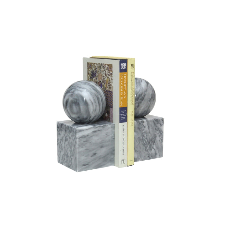 Apollo Collection Honed Finish Ball on Cube Bookends-Marble Crafter-MC-BE54-CG-BookendsCloud Gray Marble-2-France and Son
