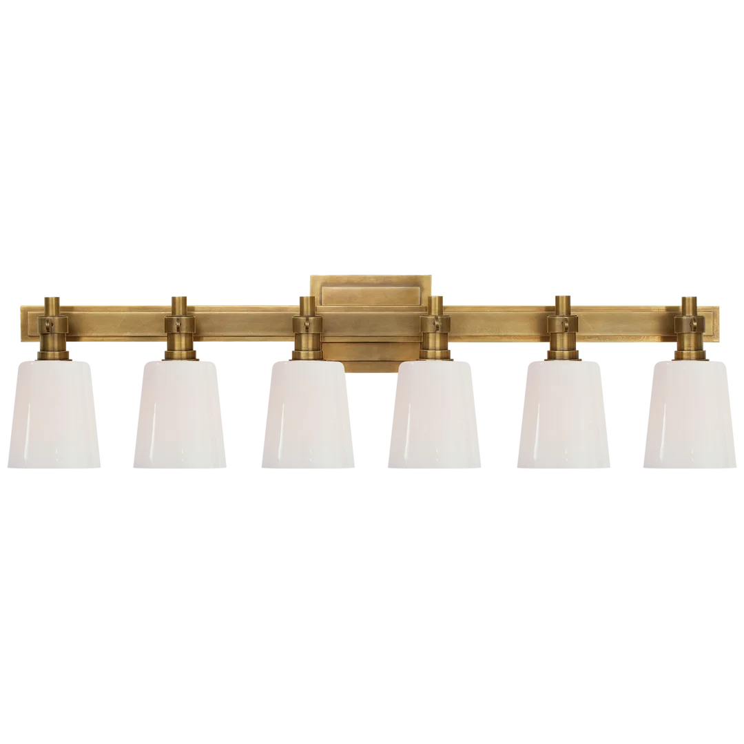 Brian Six-Light Linear Bath Sconce-Visual Comfort-VISUAL-TOB 2154HAB-WG-Bathroom VanityHand-Rubbed Antique Brass-White Glass-4-France and Son