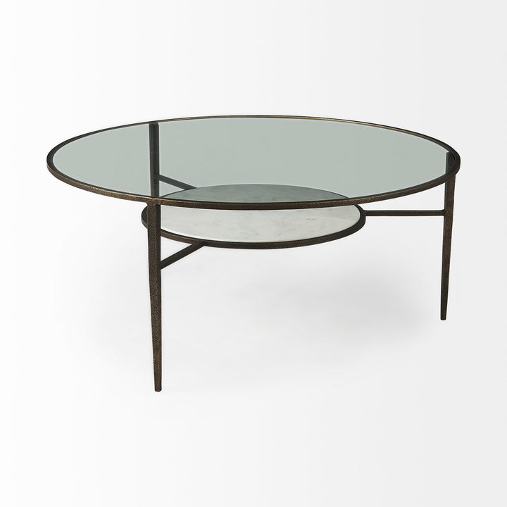 Felicity 36-Inch Round Glass Top Coffee Table with Antique Gold Iron Frame and Marble Shelf