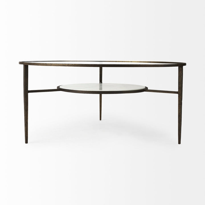 Felicity 36-Inch Round Glass Top Coffee Table with Antique Gold Iron Frame and Marble Shelf
