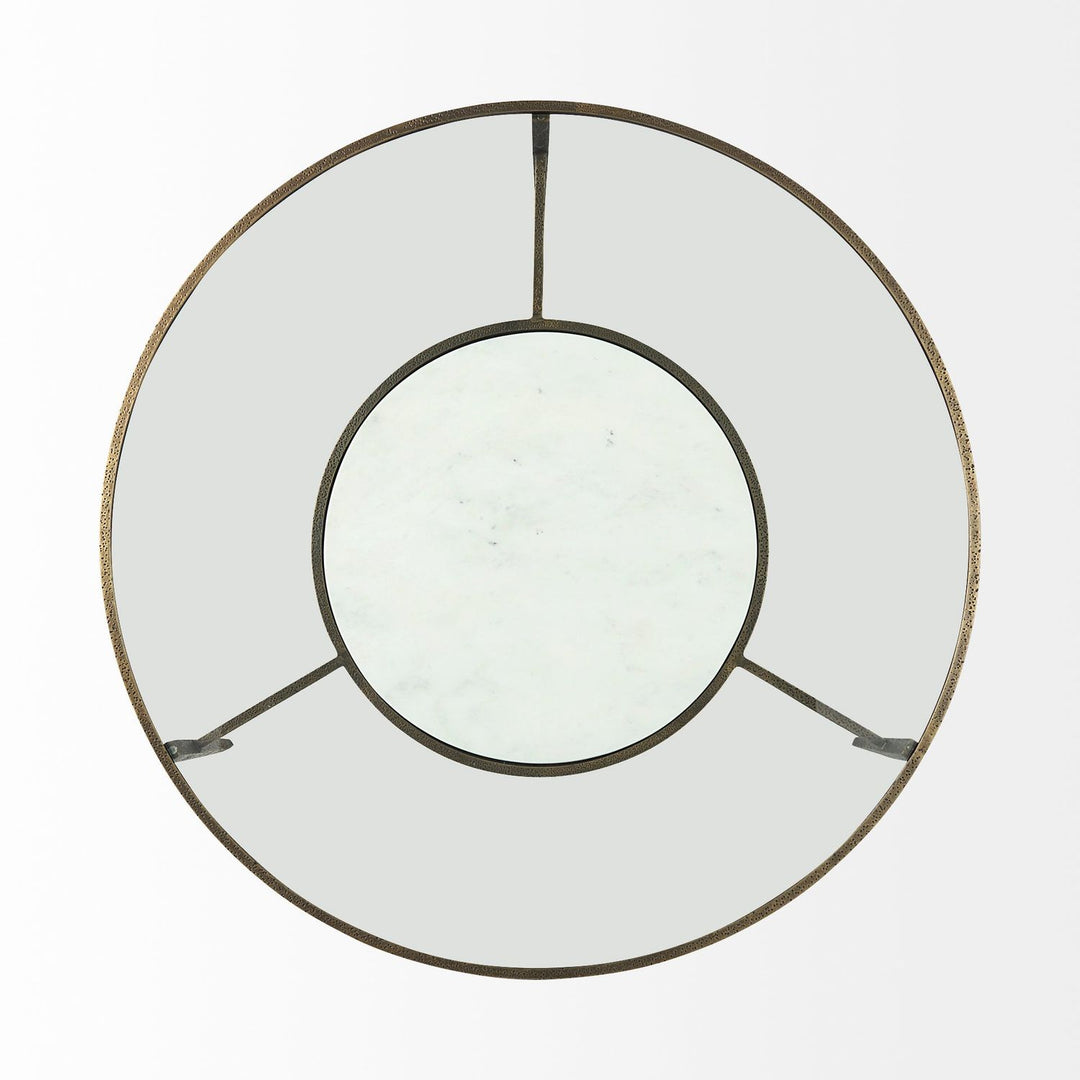 Felicity 36-Inch Round Glass Top Coffee Table with Antique Gold Iron Frame and Marble Shelf