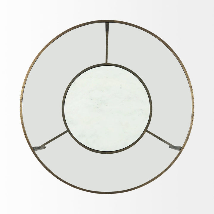Felicity 36-Inch Round Glass Top Coffee Table with Antique Gold Iron Frame and Marble Shelf