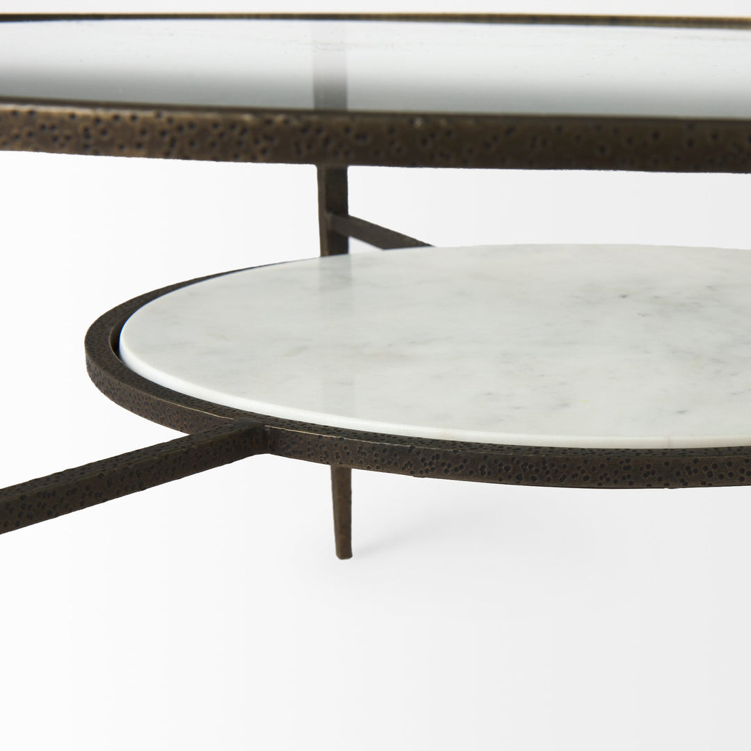 Felicity 36-Inch Round Glass Top Coffee Table with Antique Gold Iron Frame and Marble Shelf