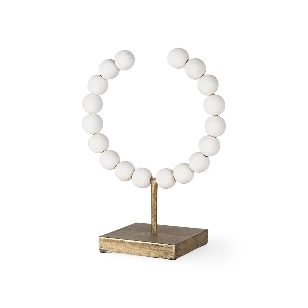 Pontchartrain I (Small) 9L x 5W White Beaded Broken Sphere Decorative Object W/ Gold Base