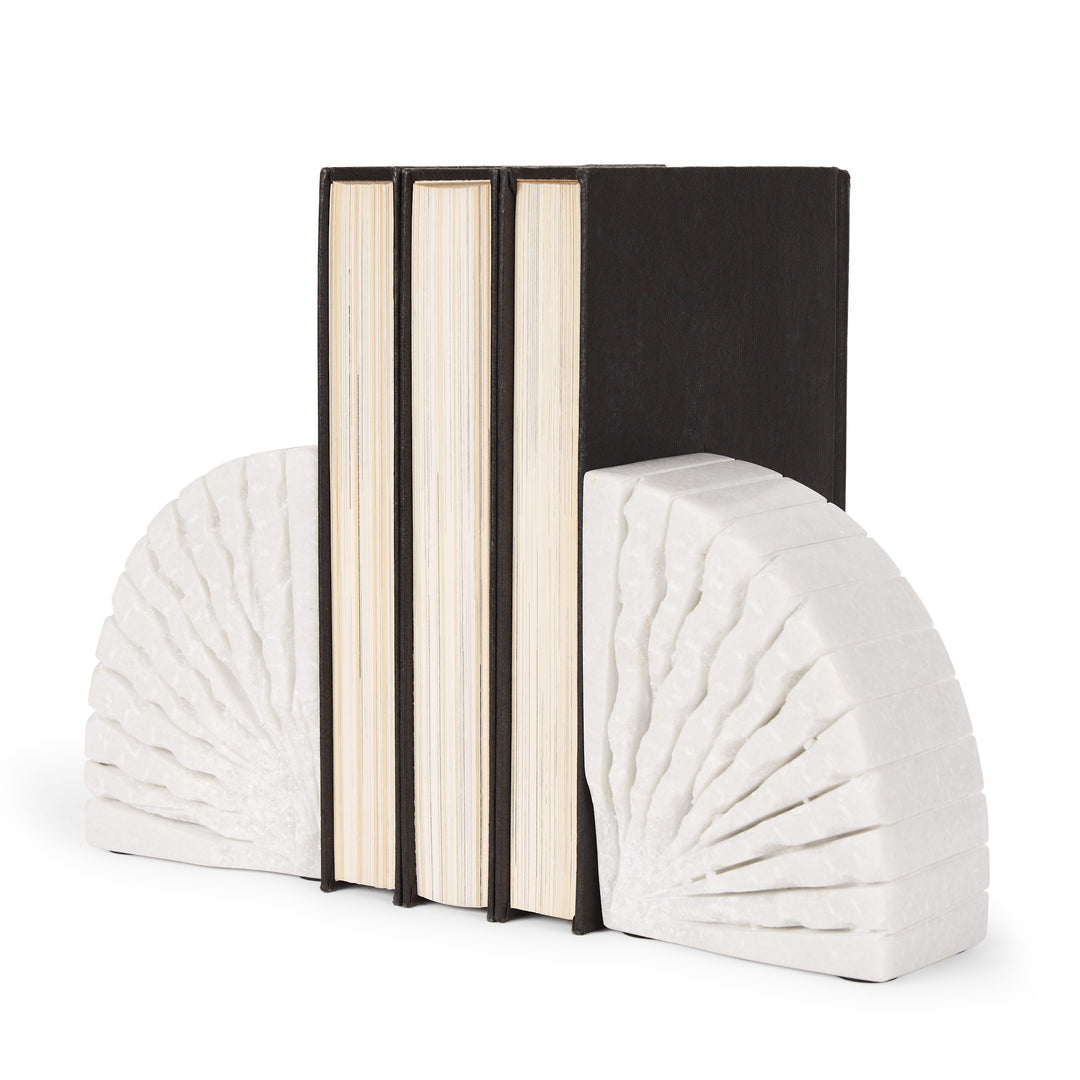 Stept White Marble Bookends w/rough carving (set of 2)