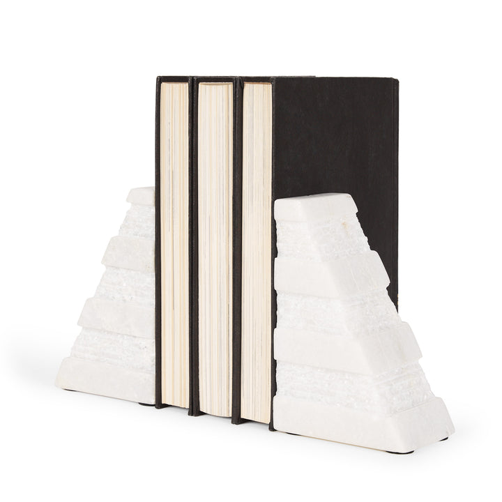 Cavetto White Marble Bookends w/rough carving S/2