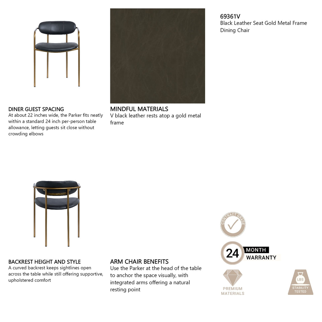 Parker Curved Back Dining Arm Chair | Black Leather w/ Gold Metal