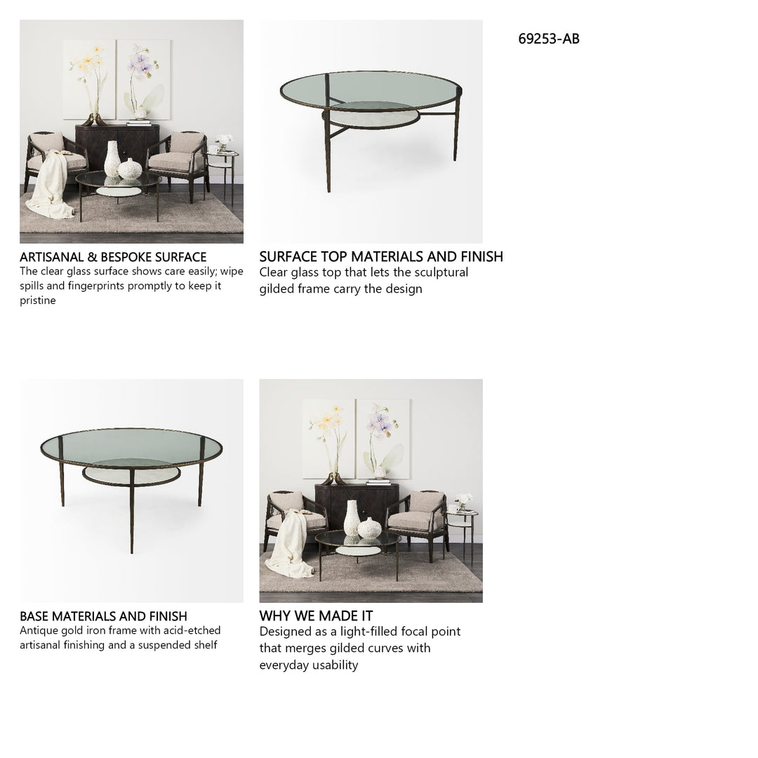Felicity 36-Inch Round Glass Top Coffee Table with Antique Gold Iron Frame and Marble Shelf