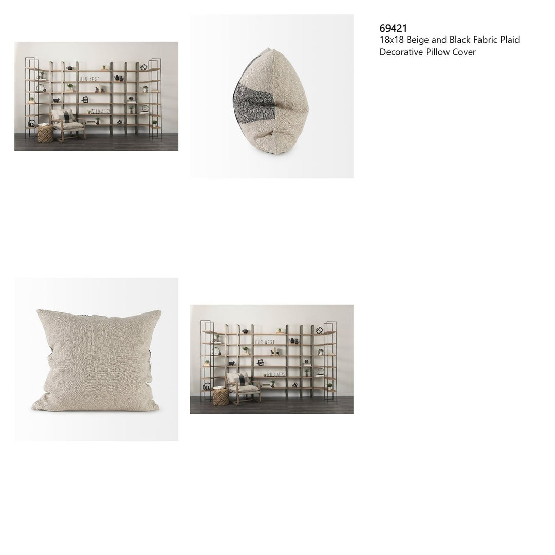 Raquel 18x18 Beige and Black Fabric Plaid Decorative Pillow Cover