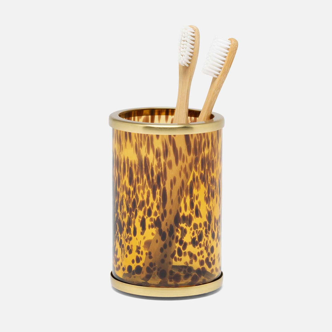 Benton, Amber/Matte Gold, Brush Holder, Round, Tortoise Glass/Stainless Steel