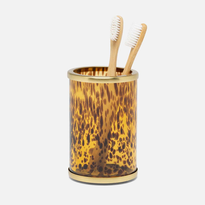 Benton, Amber/Matte Gold, Brush Holder, Round, Tortoise Glass/Stainless Steel