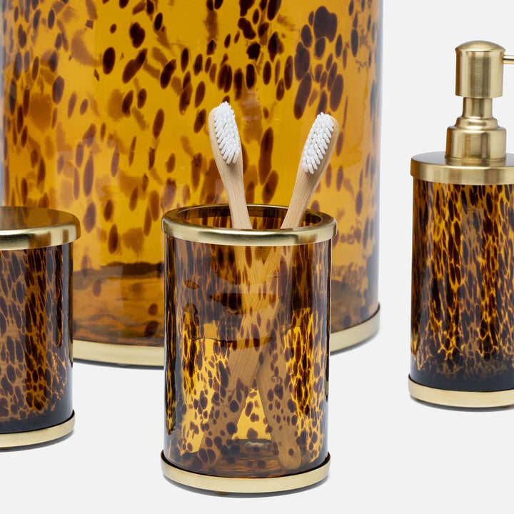 Benton, Amber/Matte Gold, Brush Holder, Round, Tortoise Glass/Stainless Steel