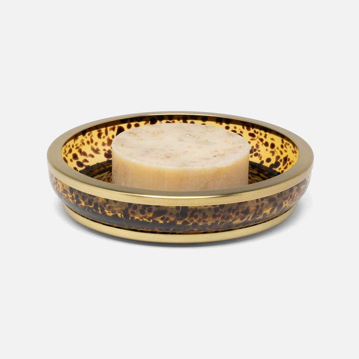 Benton, Amber/Matte Gold, Soap Dish, Round, Tortoise Glass/Stainless Steel