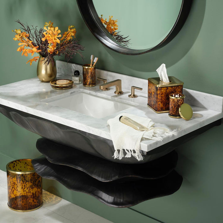 Benton, Amber/Matte Gold, Wastebasket, Round, Tortoise Glass/Stainless Steel