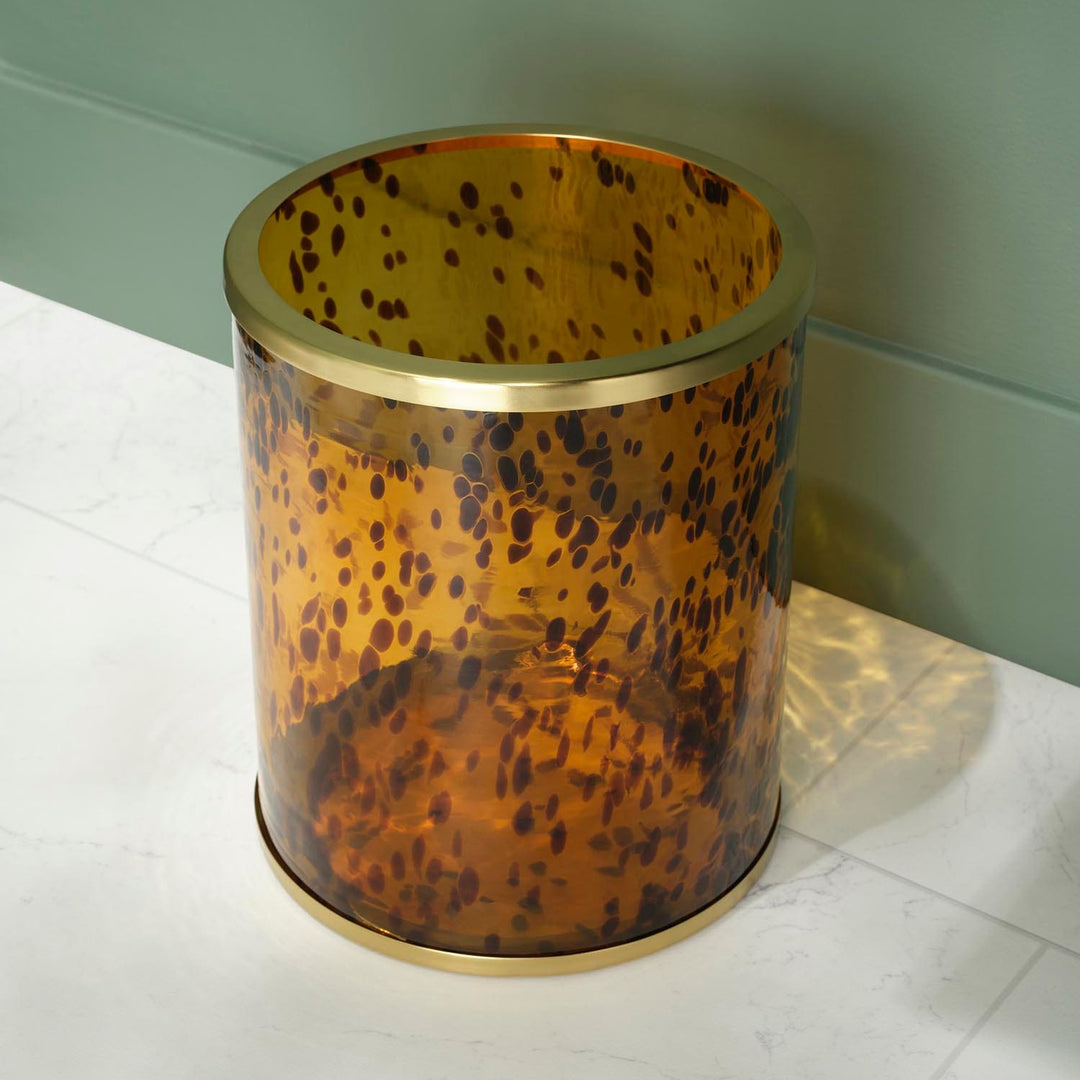 Benton, Amber/Matte Gold, Wastebasket, Round, Tortoise Glass/Stainless Steel