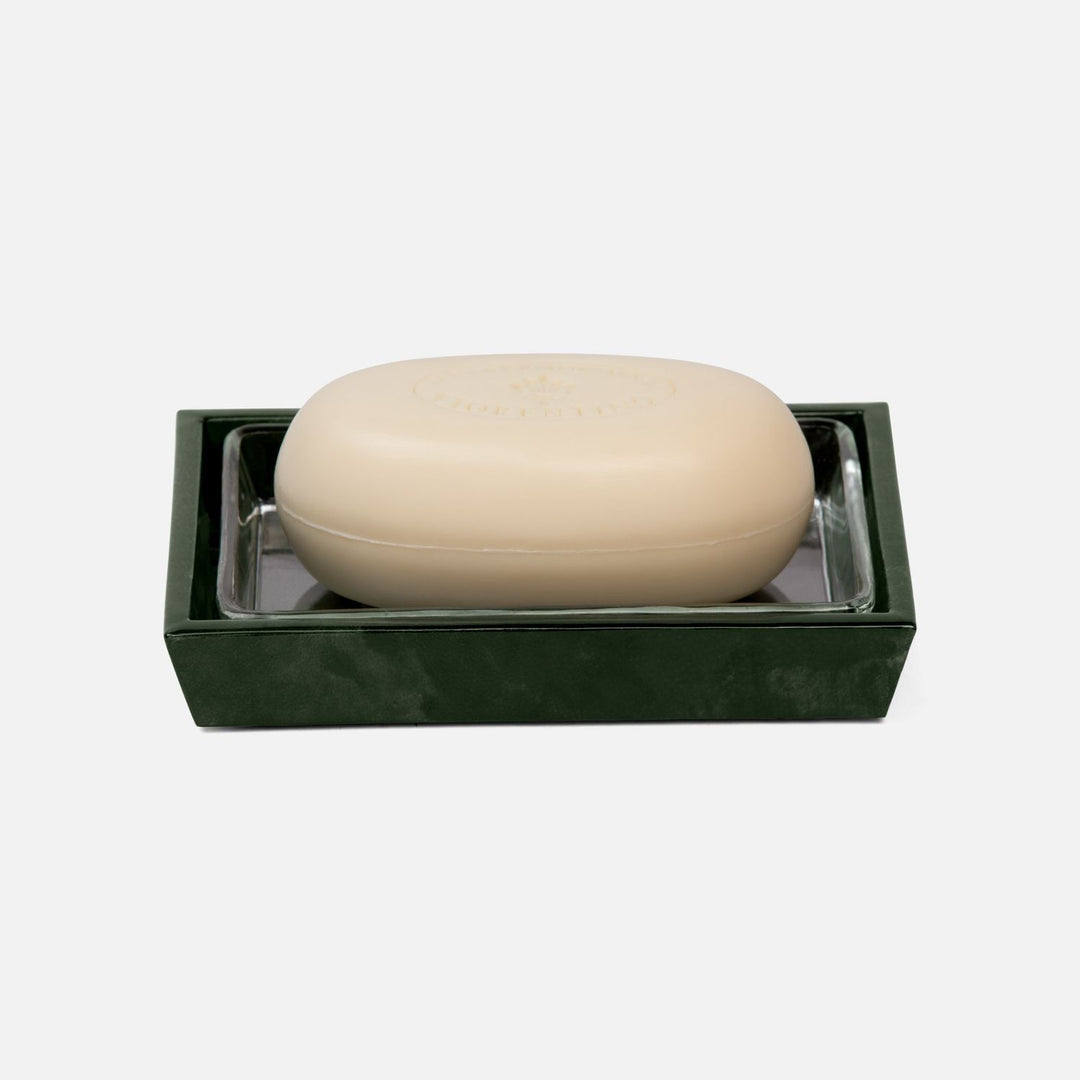 Carlow, Emerald Gloss, Soap Dish W/ Glass Liner, Rectangular Tapered, Vellum Leather