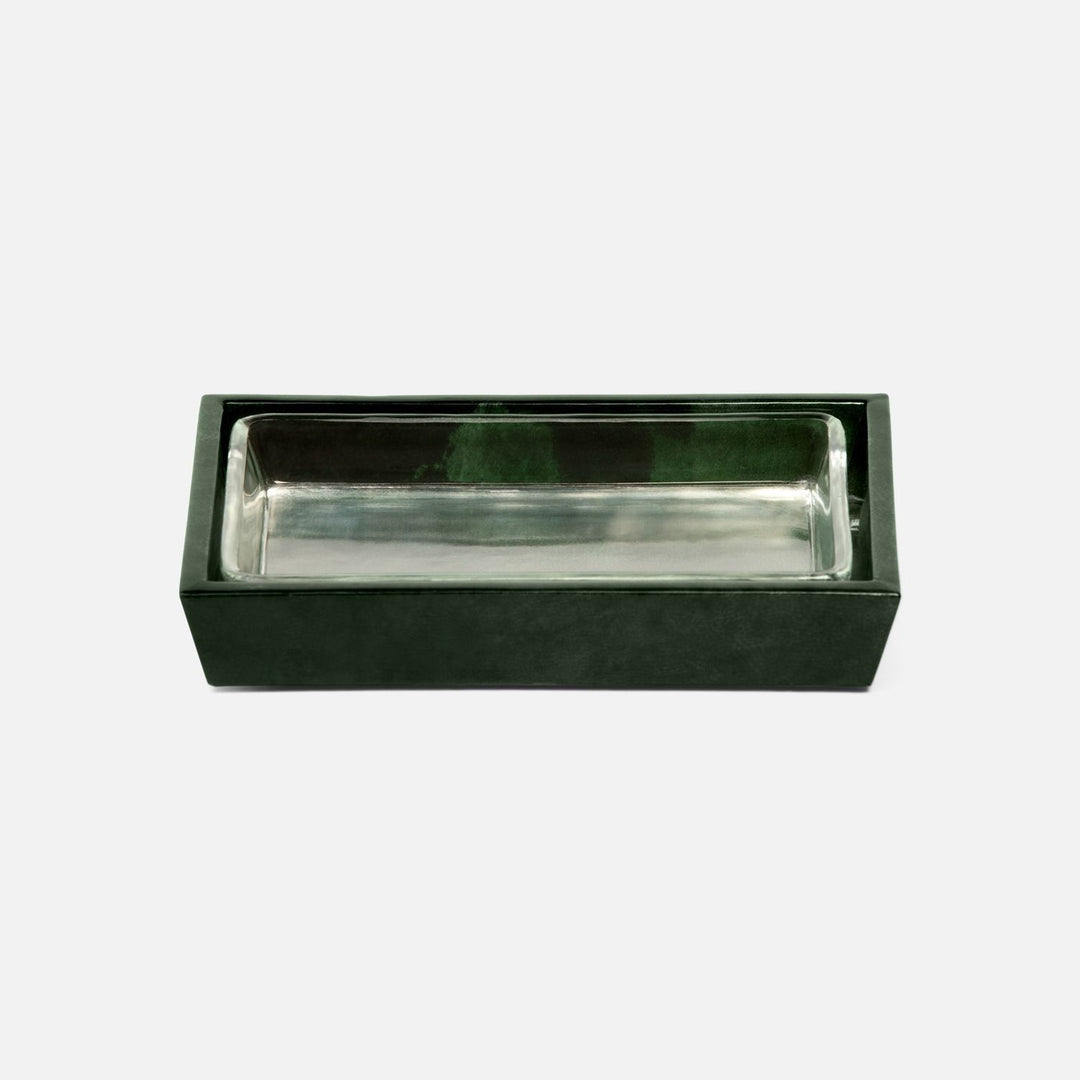 Carlow, Emerald Gloss, Soap Dish W/ Glass Liner, Rectangular Tapered, Vellum Leather
