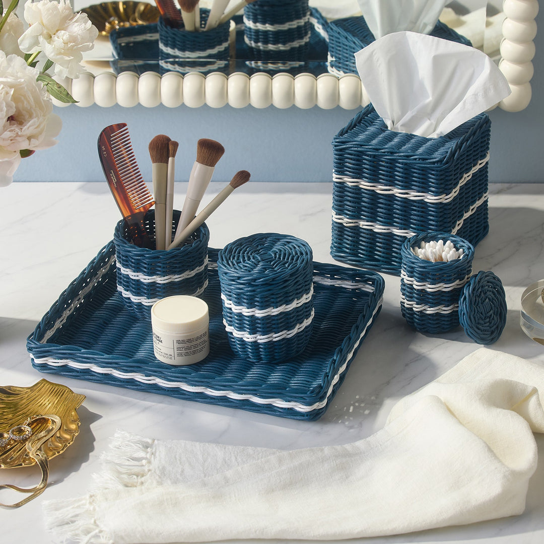 Danville, Navy/White, Brush Holder, Round, Rattan