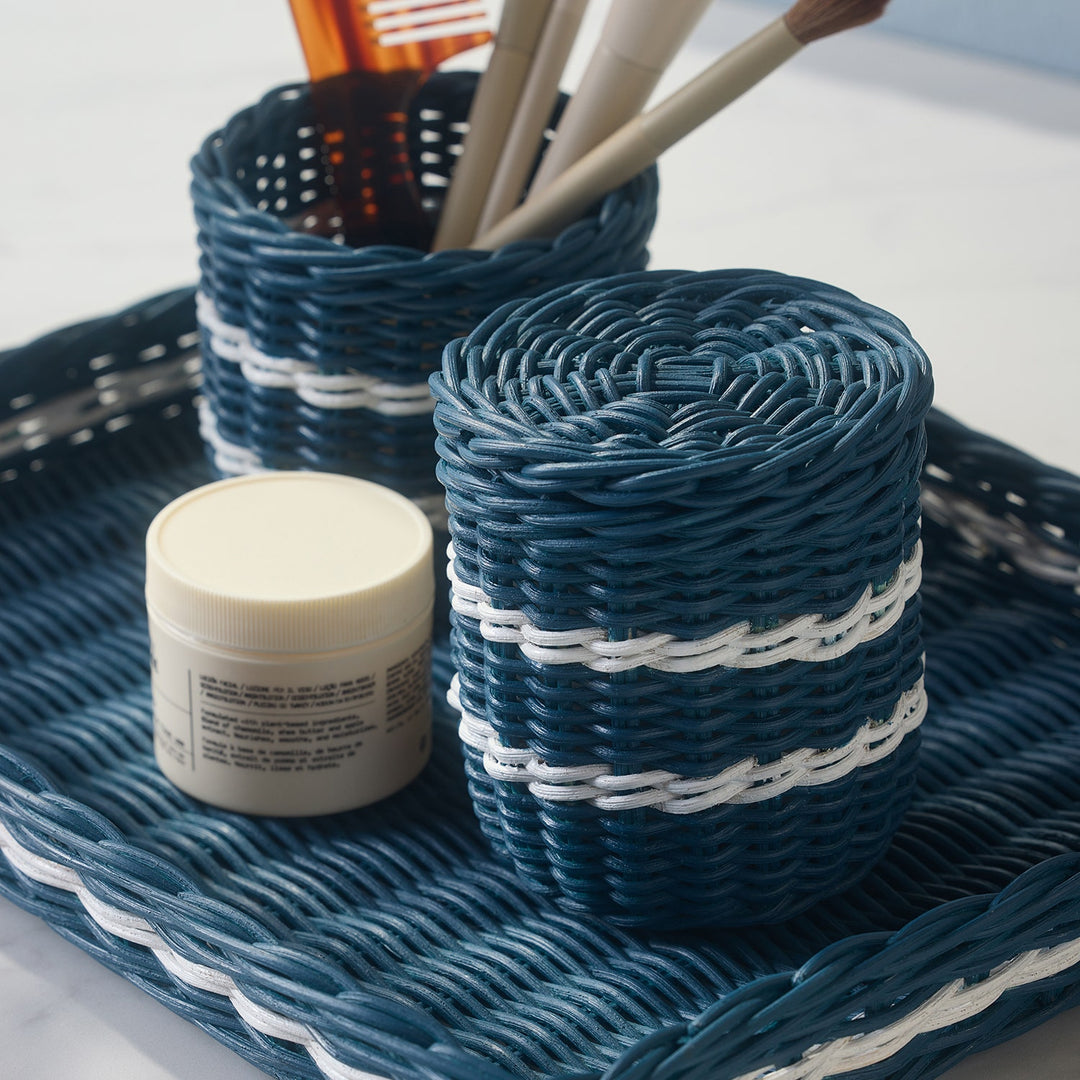 Danville, Navy/White, Brush Holder, Round, Rattan