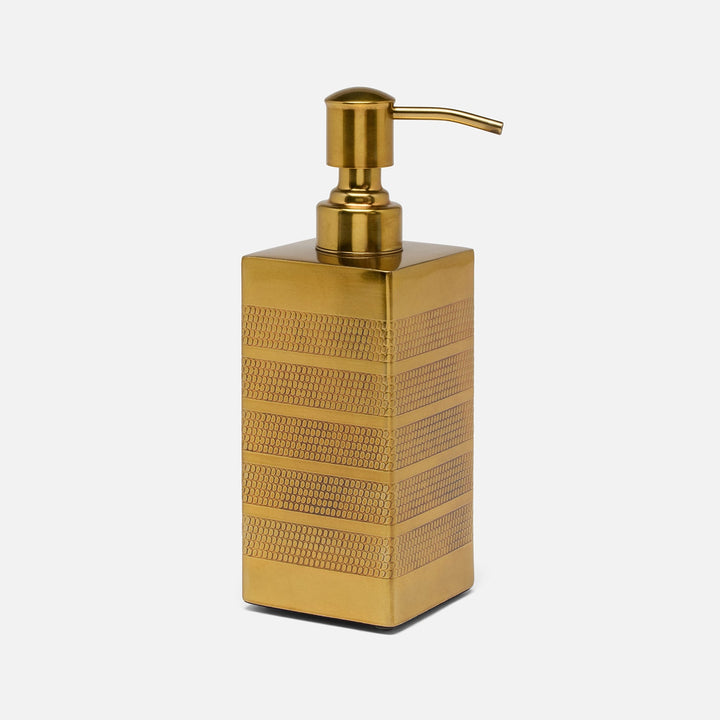 Denver, Antique Brass, Soap Pump, Square Straight, Striped Etched Stainless Steel