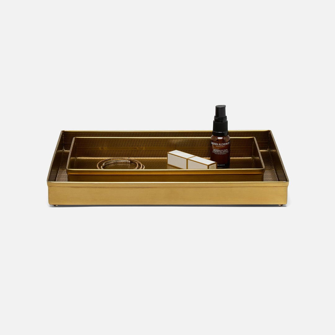 Denver, Antique Brass, Nested Trays, Rectangular Straight, Striped Etched Stainless Steel, S/2