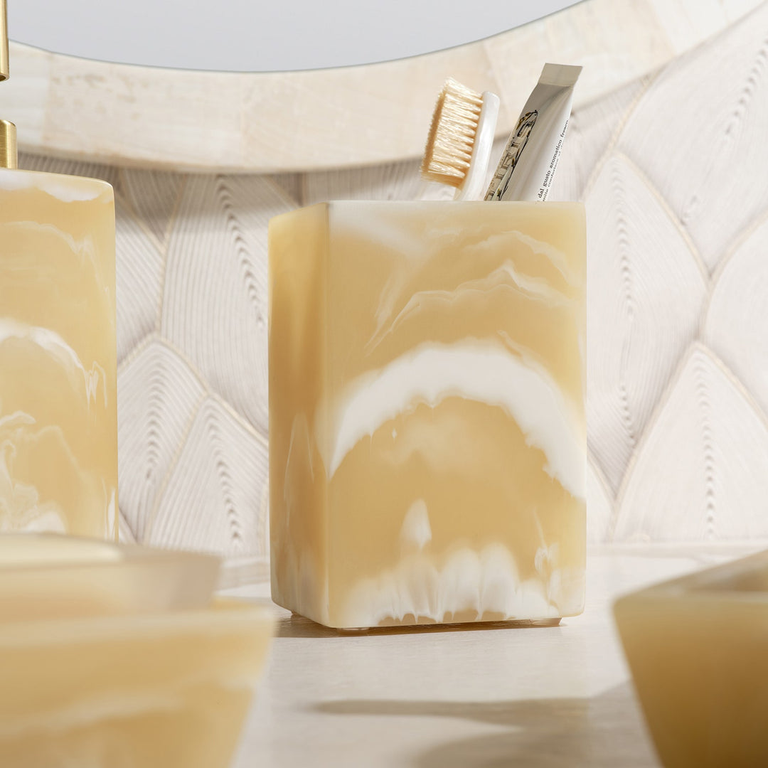 Duluth, Ivory Swirled, Brush Holder, Square Straight, Resin